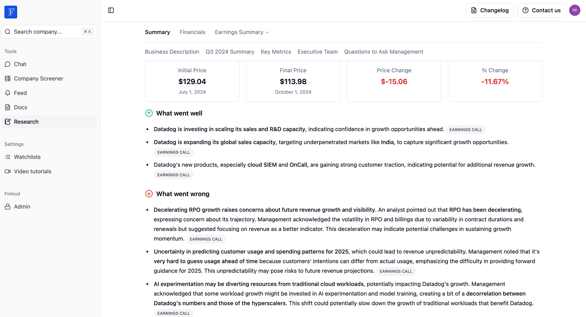 Quarterly report interface