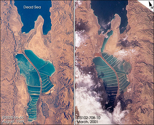 Dead Sea evaporation ponds from space, showing the shrinking sea and mineral extraction ponds